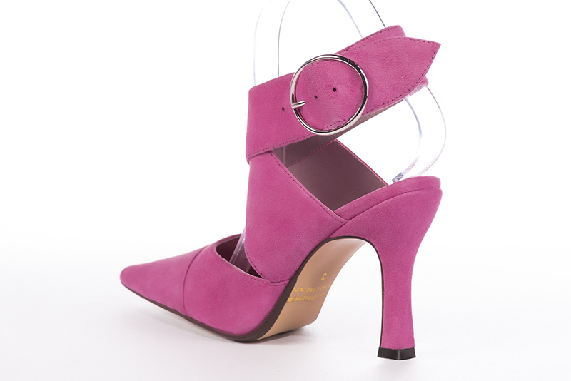 Shocking pink women's open back shoes, with crossed straps. Pointed toe. Very high spool heels. Rear view - Florence KOOIJMAN